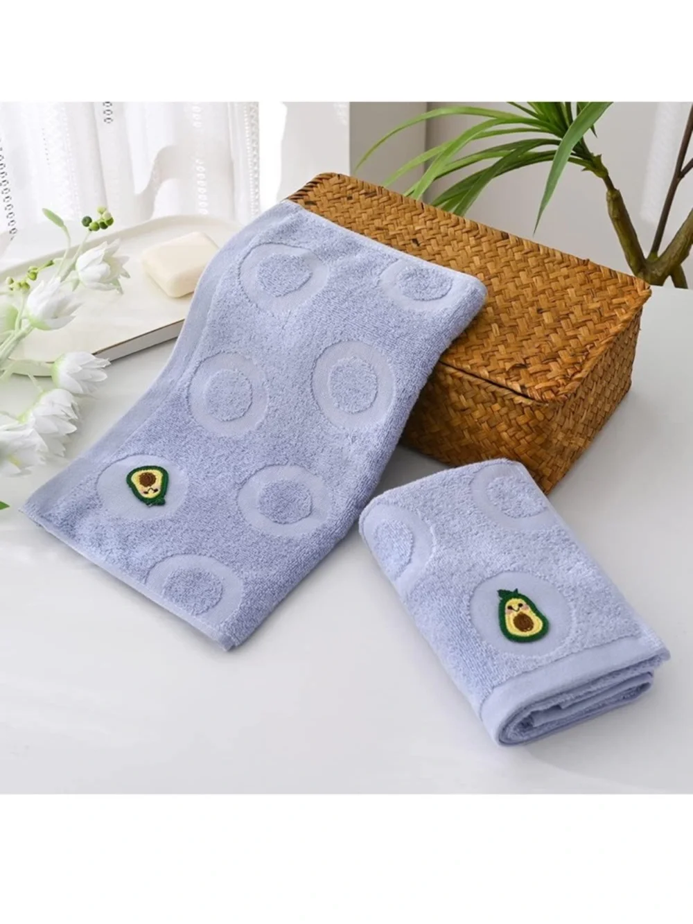 Light Blue Avocado Embroidered Hand Towel set